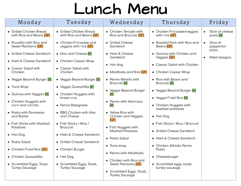 Monthly lunch menu