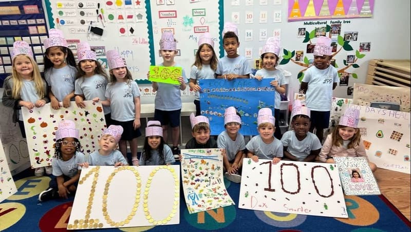A class celebrating the 100th day of school with their projects