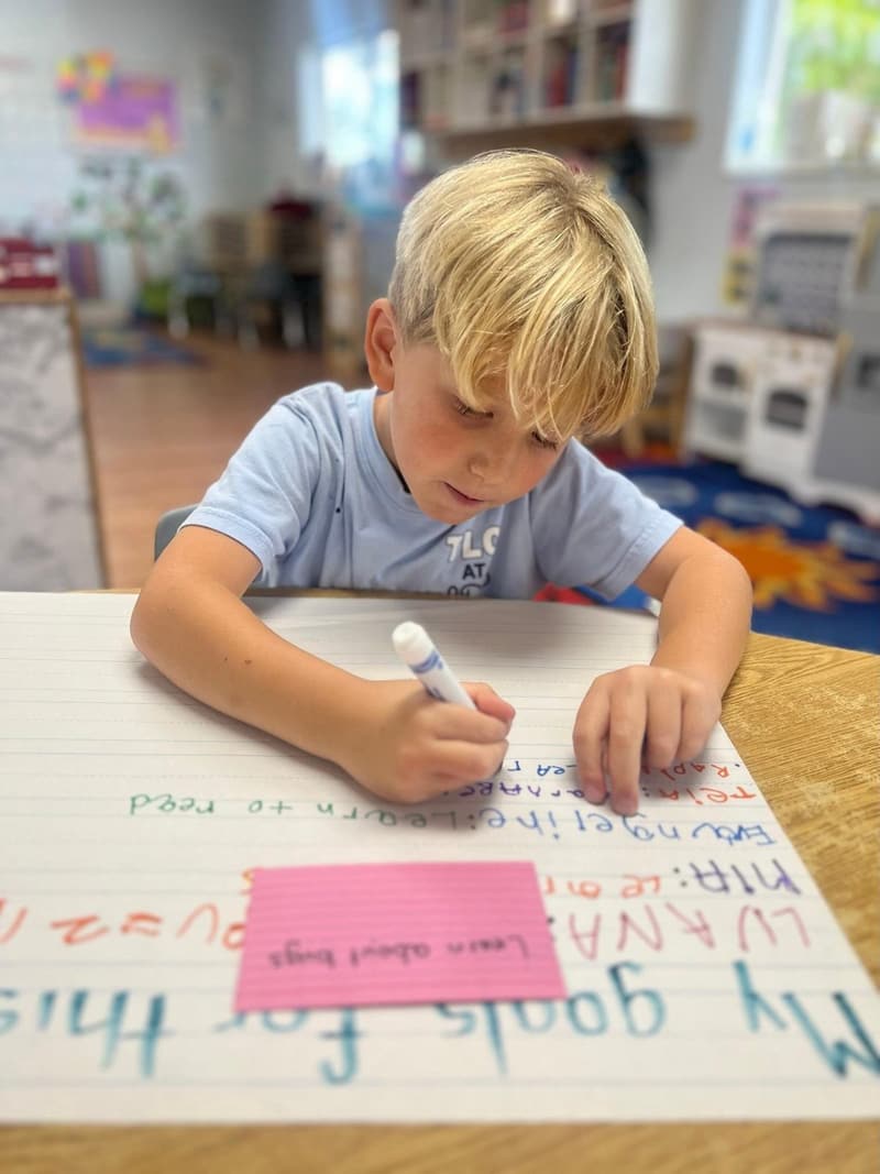 A student writing his goals for the year
